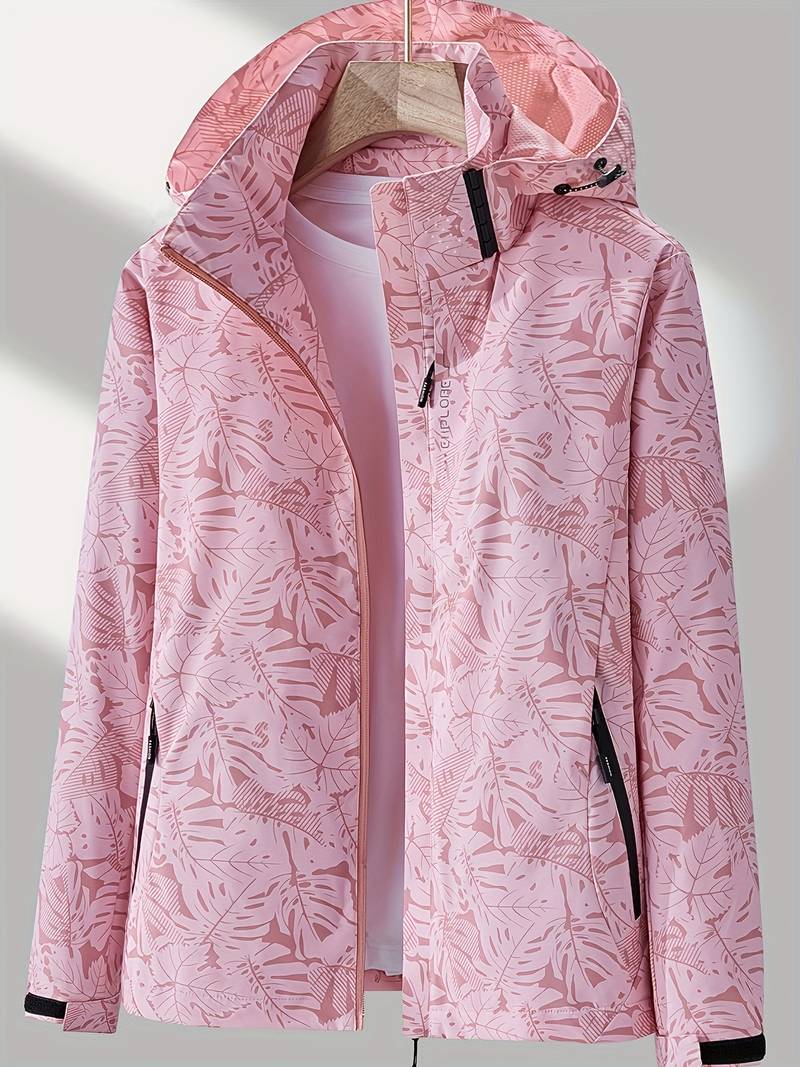 Light pink women's waterproof hooded jacket featuring an all-over leaf design