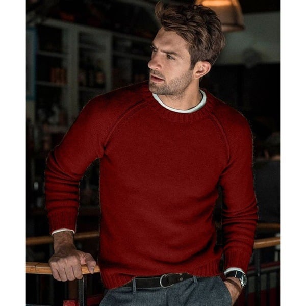 Close up view of soft knit texture on men crew neck sweater