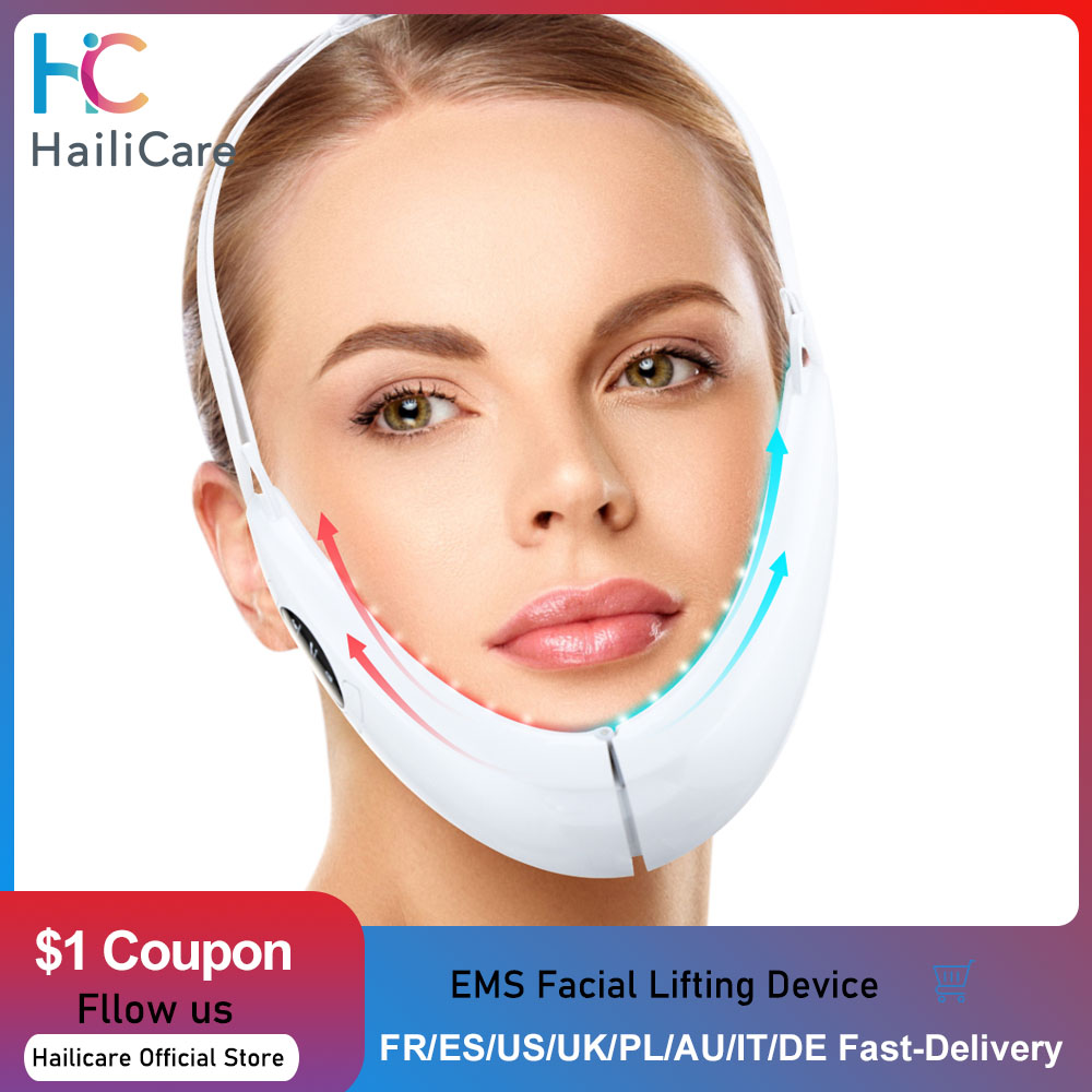 Close-up of a woman wearing the white EMS facial slimmer device with glowing LED therapy lights along the jawline.
