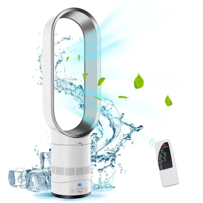 Silver and white bladeless tower fan shown with wireless remote and water splash effect