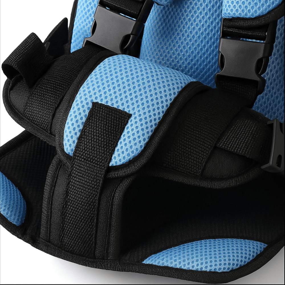 Close-up of secure 5-point harness buckle on toddler travel car seat