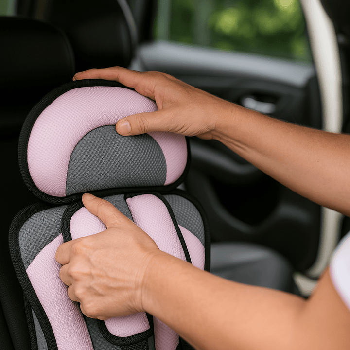 Ergonomic baby car seat showing adjustable headrest and child safety features