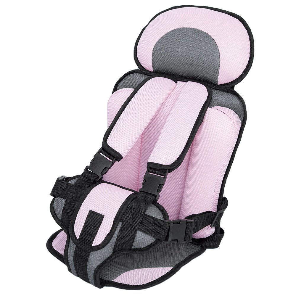 Full view of the pink and gray toddler car seat with 5-point harness