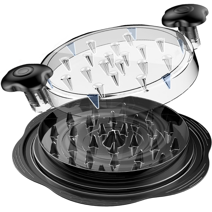 Ergonomic chicken shredder tool showing inner twist spikes for fast meat shredding.
