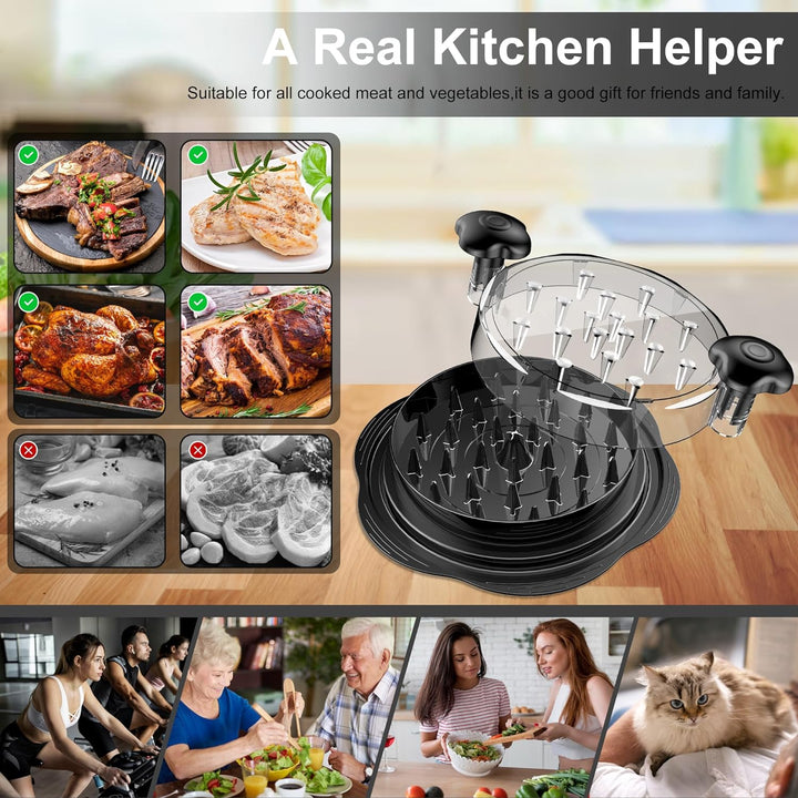 Durable cooking gadget for shredded chicken placed on a kitchen countertop.