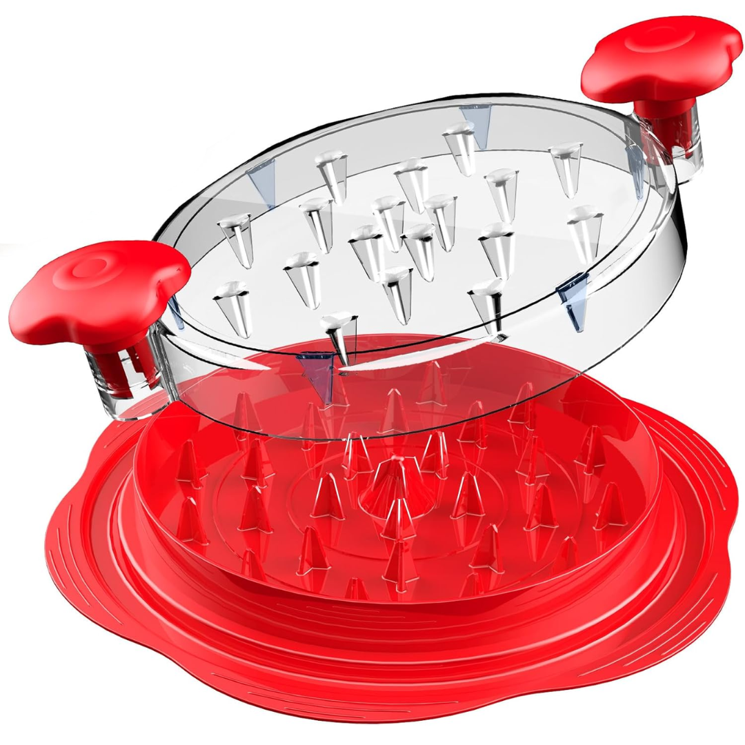 Red ergonomic chicken shredder tool with transparent lid and spiked base