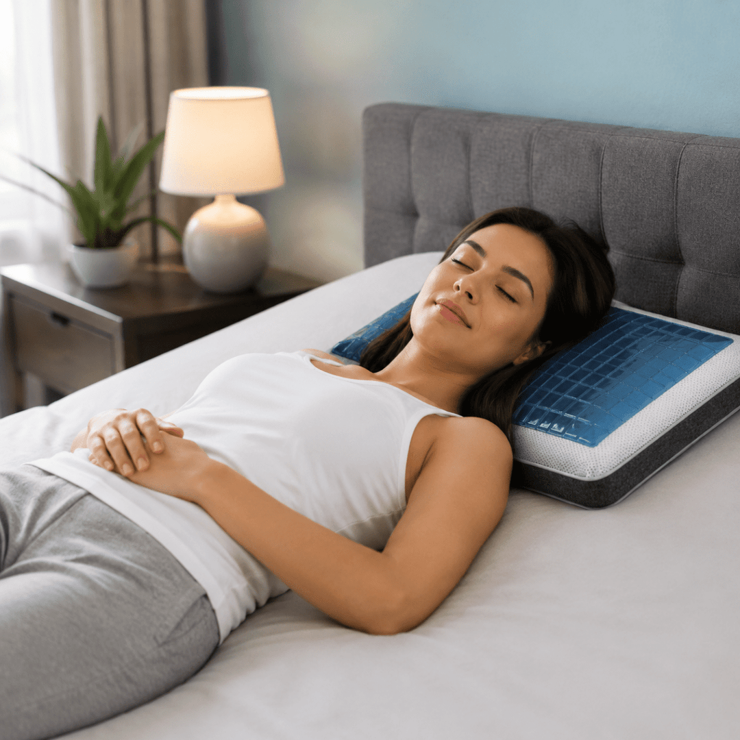 Woman sleeping comfortably on an ergonomic gel cooling pillow in a modern bedroom