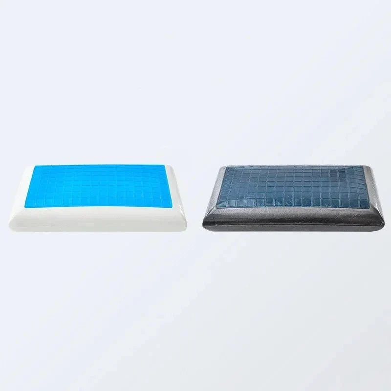 Gel memory foam cooling pillow laid flat on a white bed sheet
