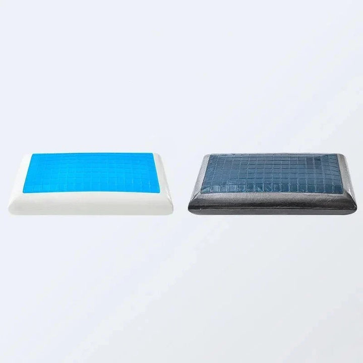 Gel memory foam cooling pillow laid flat on a white bed sheet