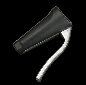 A sleek black ergonomic nutcracker with a stainless steel lever mechanism on a dark background.