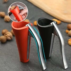 Comparison of red and black ergonomic nutcrackers showing their sturdy lever design.