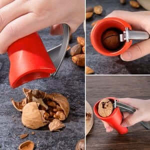 Red ergonomic nutcracker with lever mechanism showing sturdy stainless steel jaw for easy nut opening