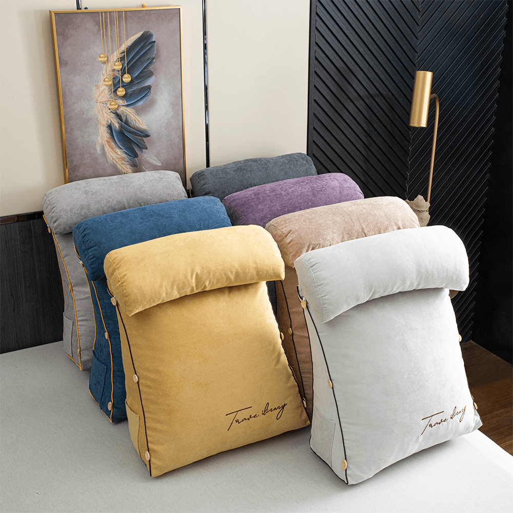 Collection of reading pillows in various colors including yellow, blue, and purple