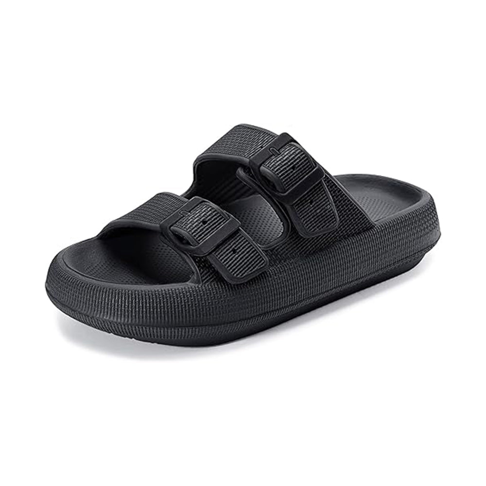 Black ergonomic double buckle slide slippers viewed from front angle