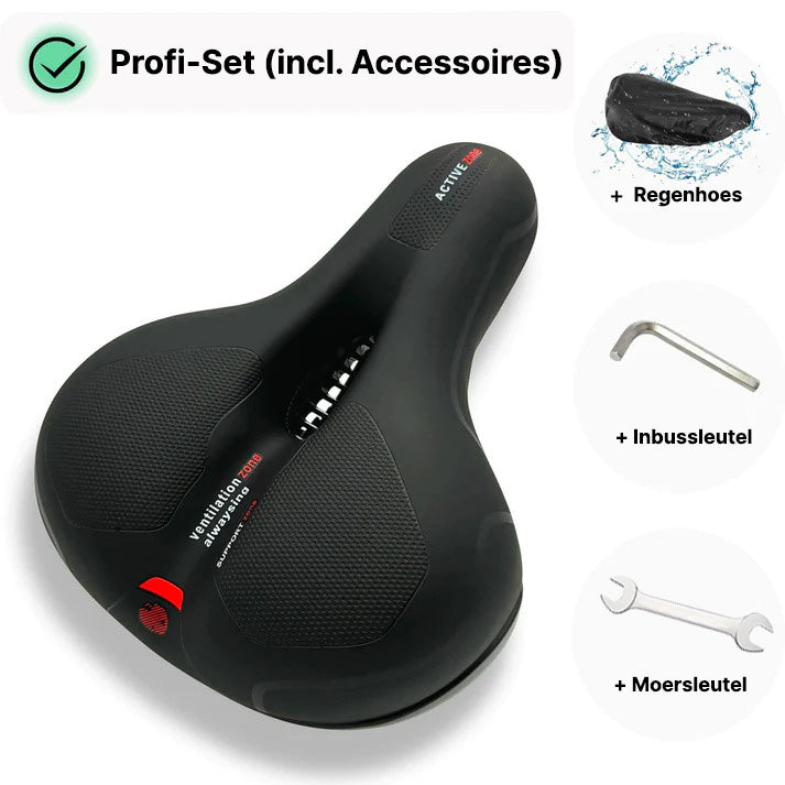 Mountain bike seat installed on a bicycle frame outdoors