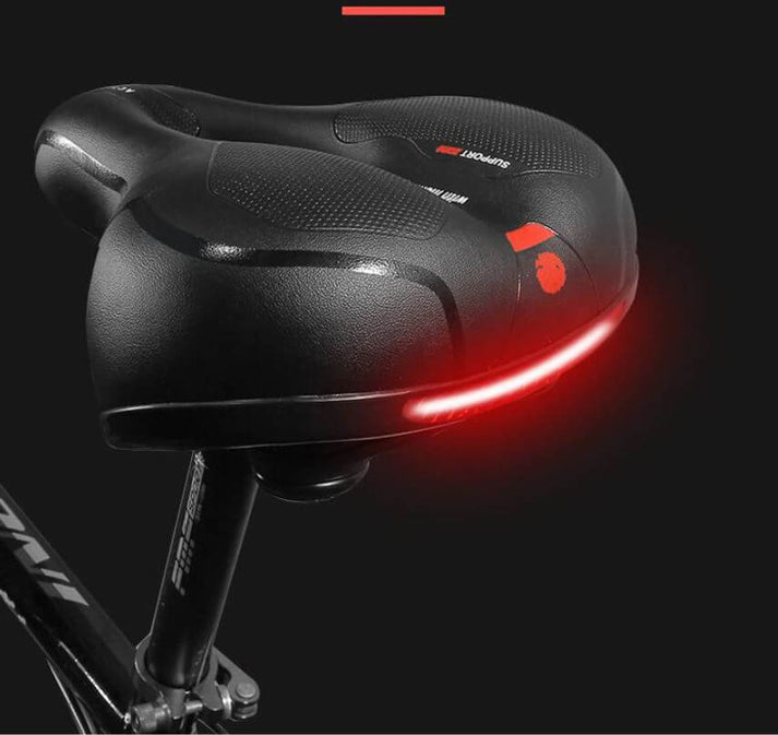 Ergonomic bike saddle installed on a bicycle with active rear safety light
