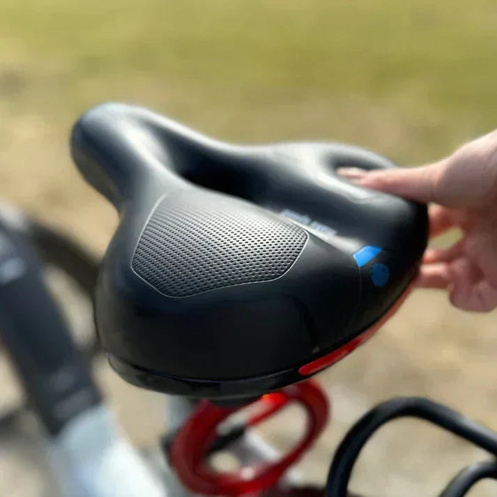 Rear view of comfortable bicycle seat highlighting padding and support