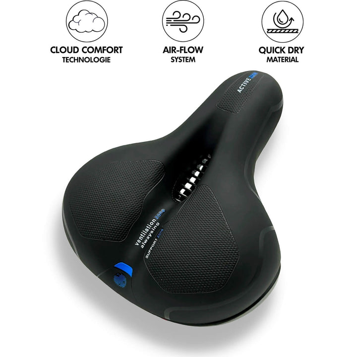 Bottom view of bike saddle displaying durable rails and mounting clamp