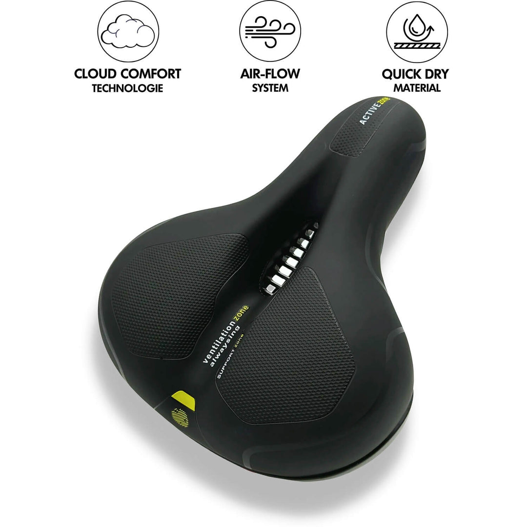 Close-up of breathable center cutout on the comfortable bike seat