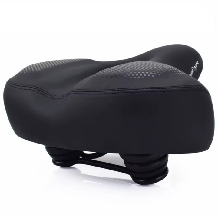 ErgoSoft bicycle saddle in sleek black color showing the contoured top and sturdy mounting rails.