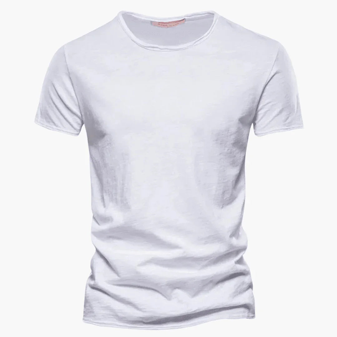 Ethan men's raw-edge crew neck t-shirt in casual style showing short sleeves and basic tee fit