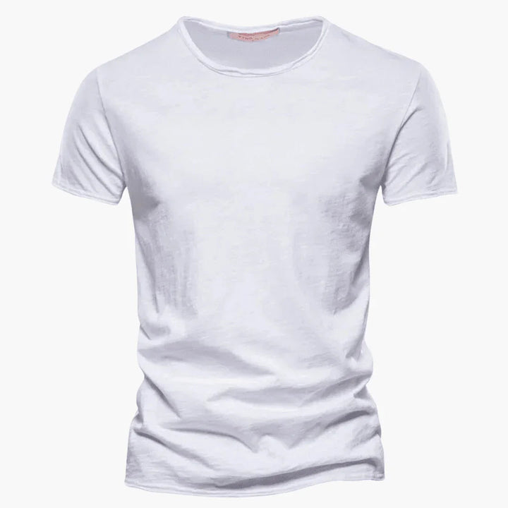 Ethan men's raw-edge crew neck t-shirt in casual style showing short sleeves and basic tee fit