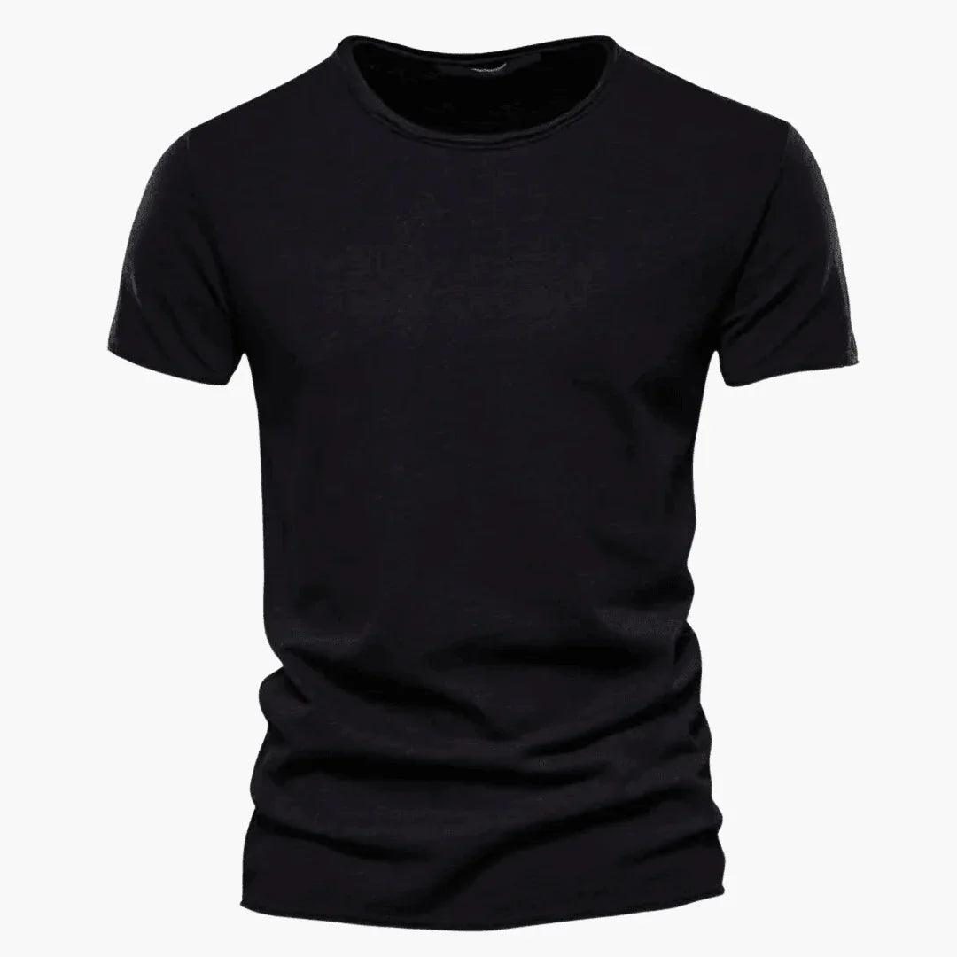 Back view of the men's casual short sleeve t-shirt featuring a classic crew neckline