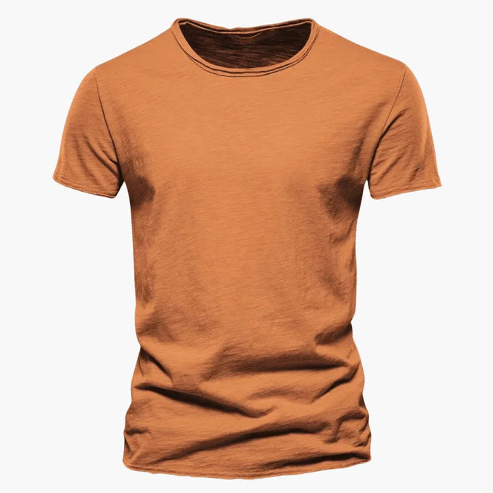 Textured fabric detail of the raw-edge men's fashion t-shirt for everyday wear