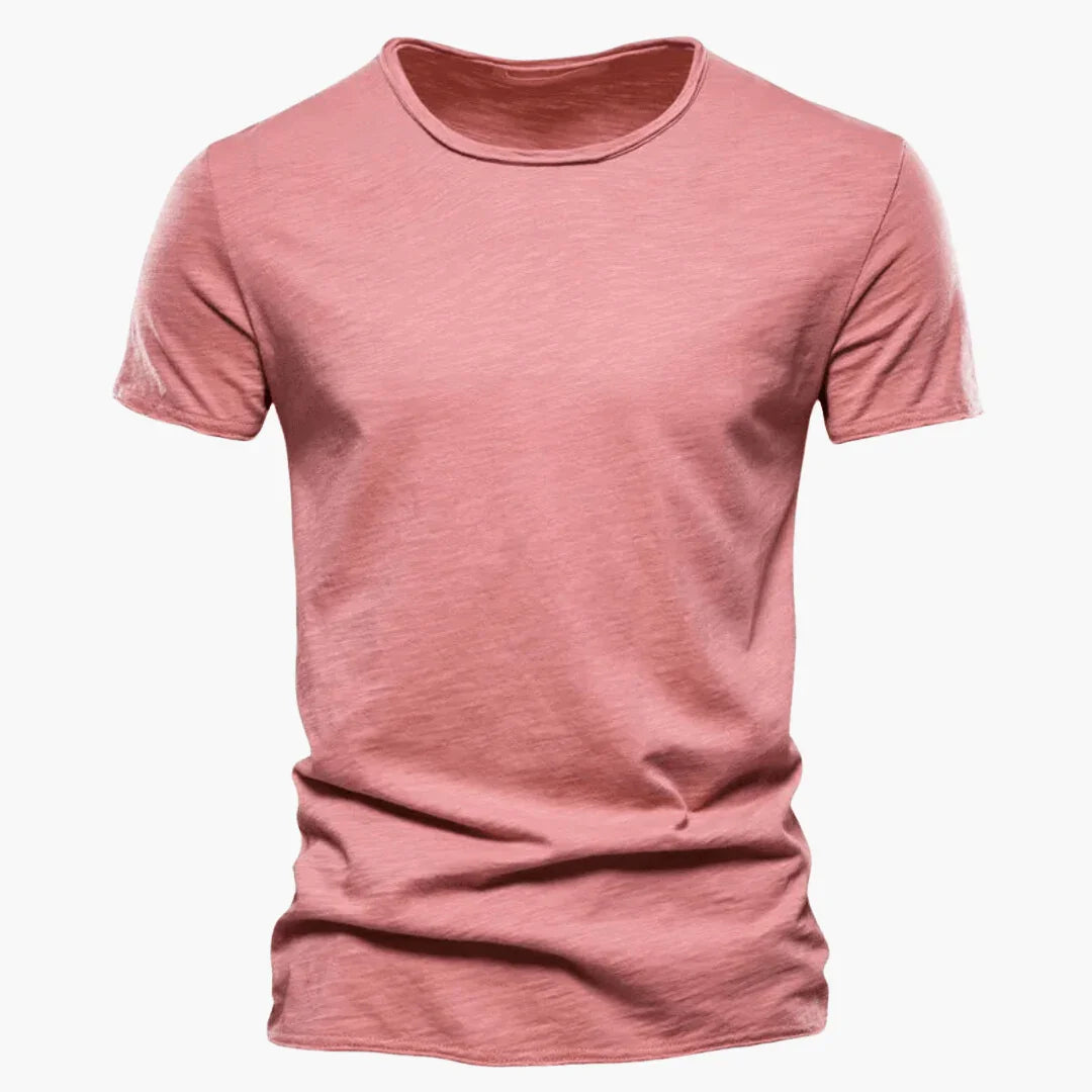 Flat lay of the men's basic crew neck t-shirt highlighting the short sleeve design
