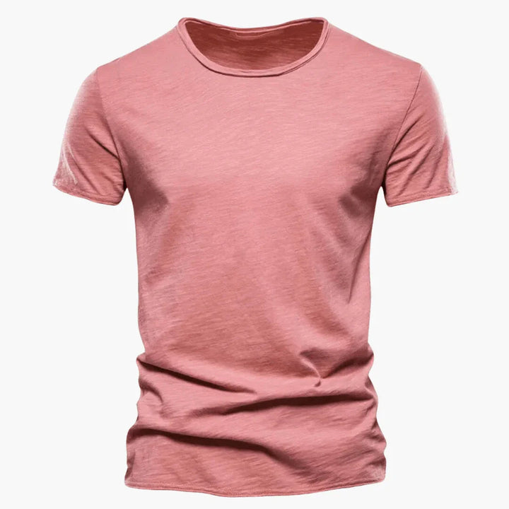 Flat lay of the men's basic crew neck t-shirt highlighting the short sleeve design