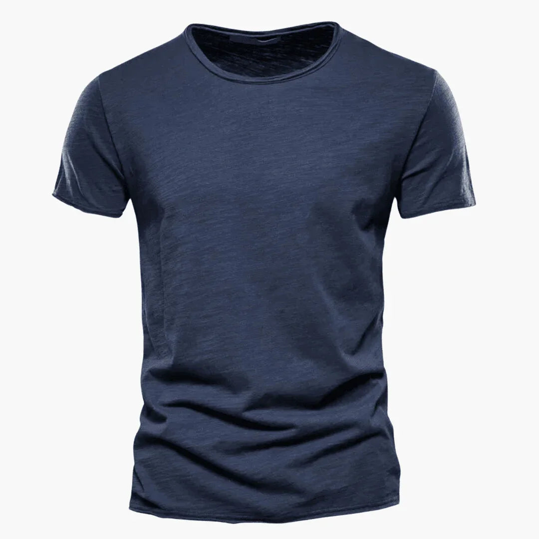 Label and interior fabric detail of the men's raw-edge casual wear t-shirt