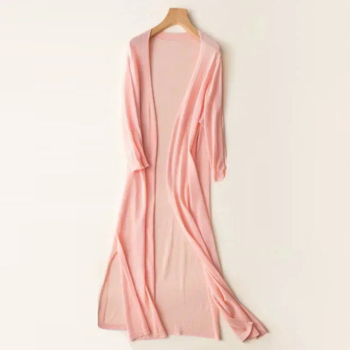 Women's long open front cardigan in casual wear style, back view