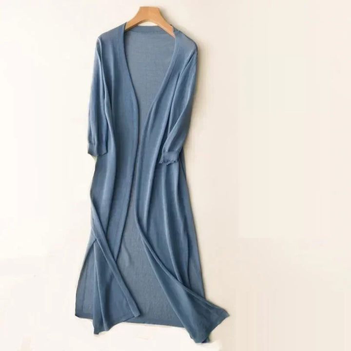 Women's fashion outerwear long cardigan shown in neutral color
