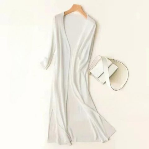 Full length view of a women's long cardigan outerwear piece