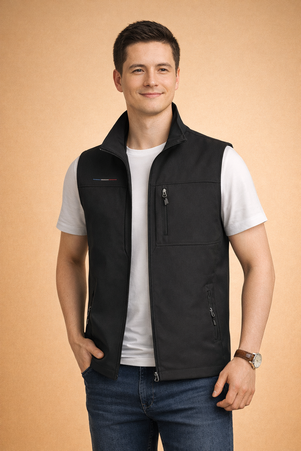 Model wearing black utility vest over white t-shirt