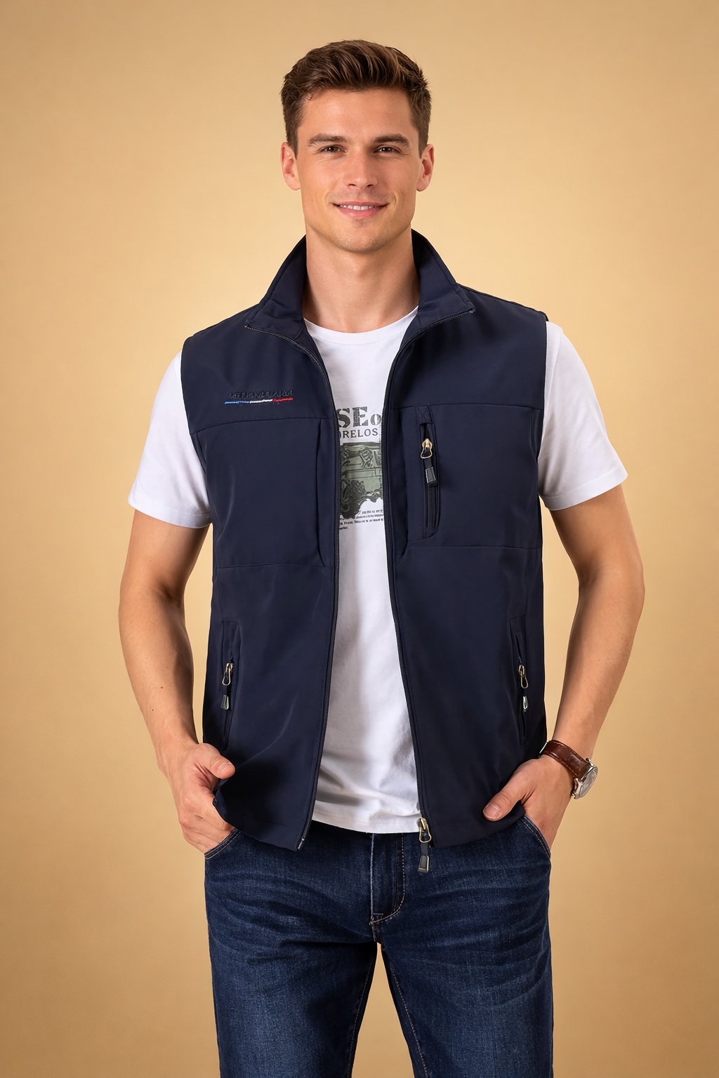 Back view of men's lightweight utility travel vest in khaki, showing breathable fabric and casual fit.