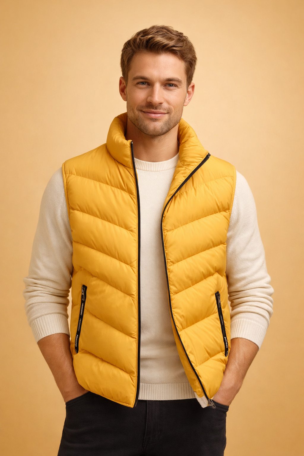 Man wearing yellow insulated puffer vest with zip pockets