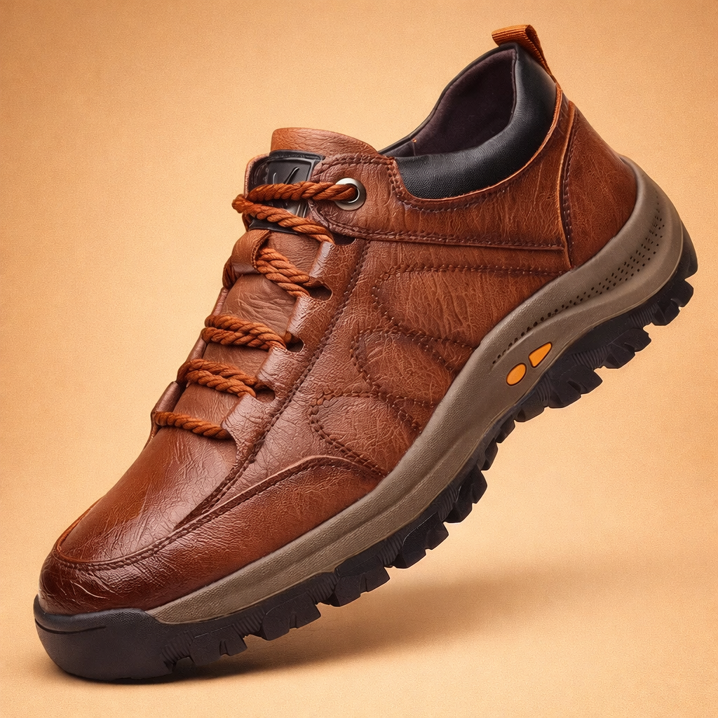 Brown men's casual hand-stitched walking shoe showcased on a warm neutral background