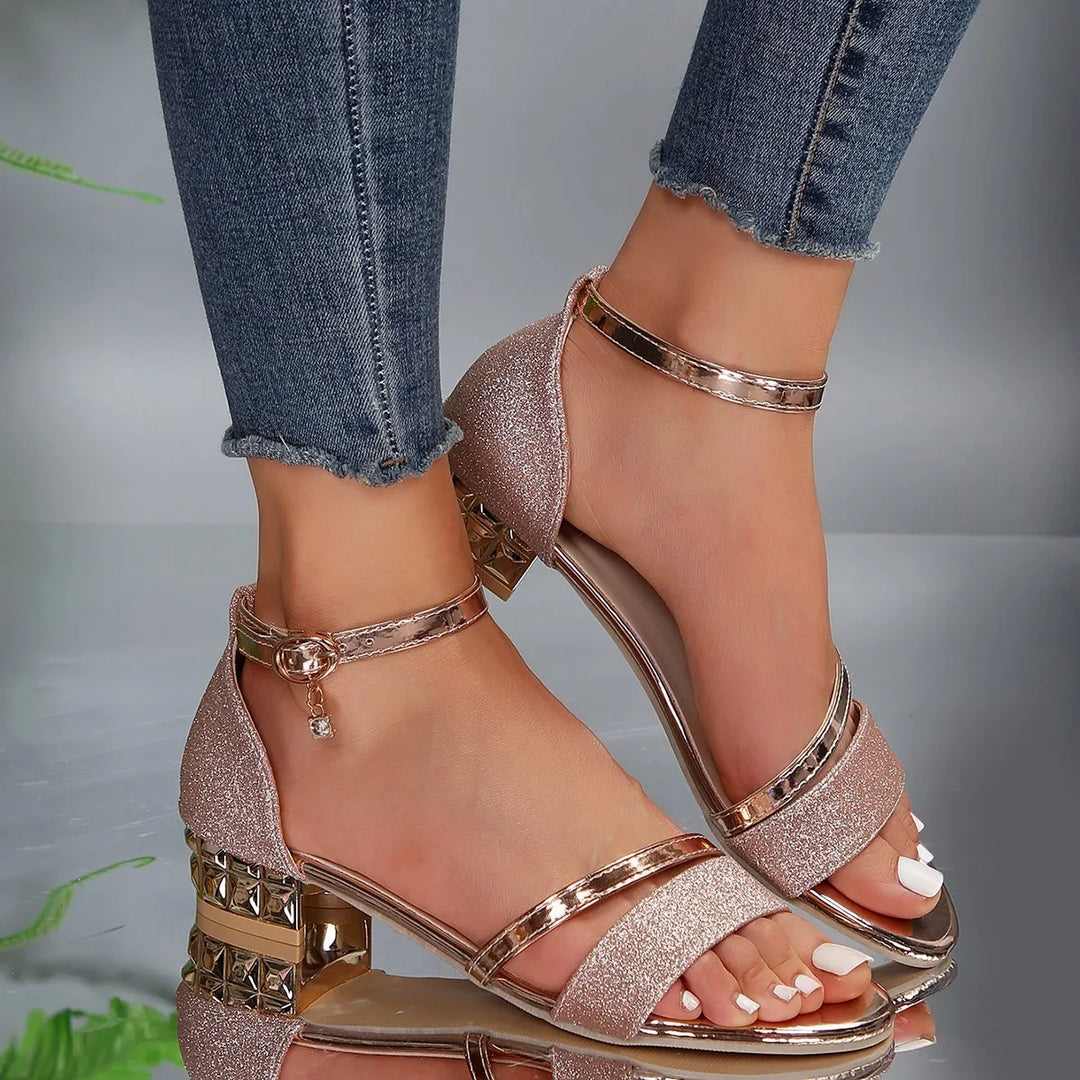 Women's ankle strap block heel sandals showing sturdy heel design and supportive back strap