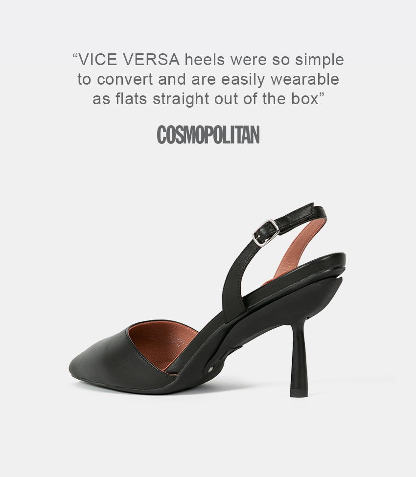 Close-up of the comfortable block heel on stylish black women's shoes