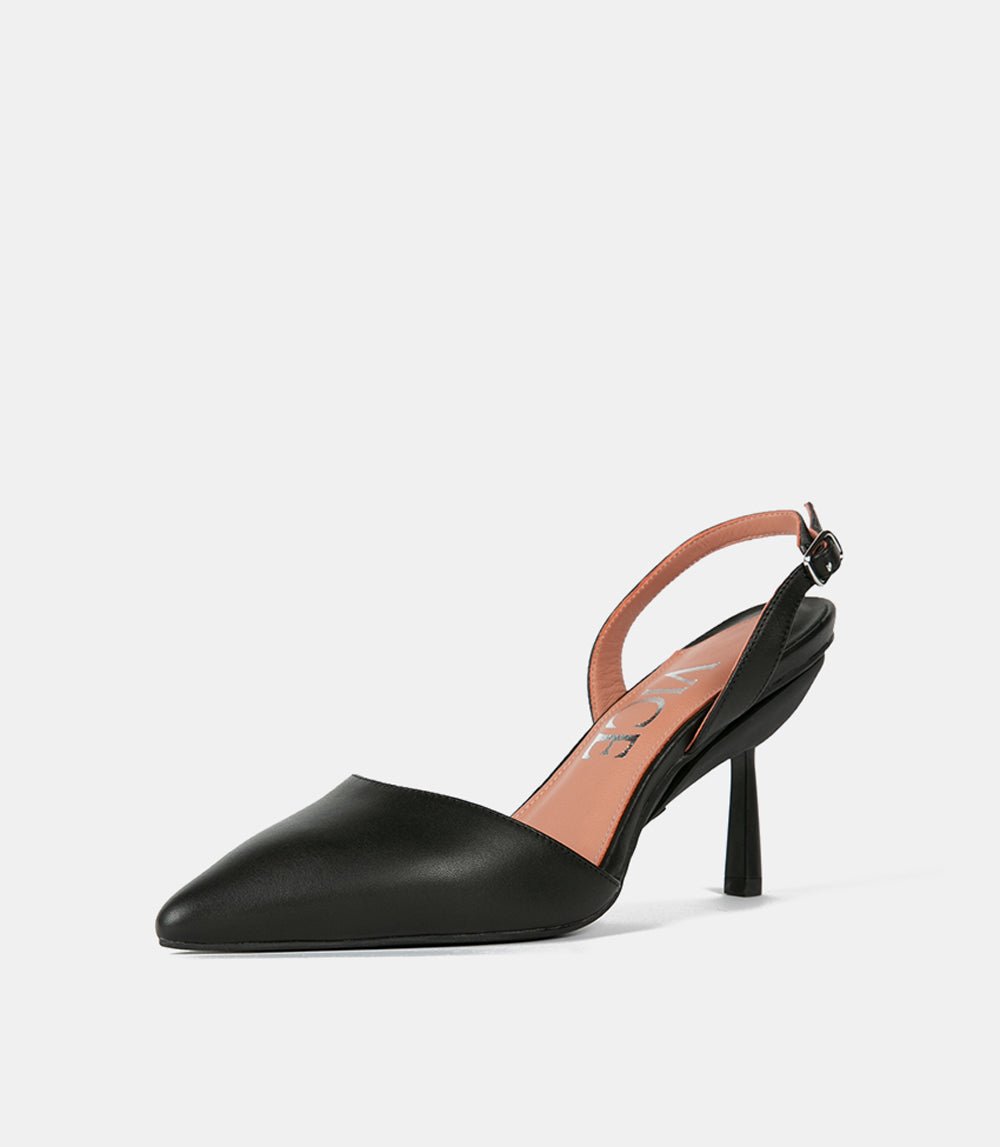 Side profile of black everyday block heel shoe on white background