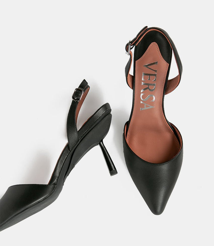 Top-down view of black office shoes for women with cushioned insoles