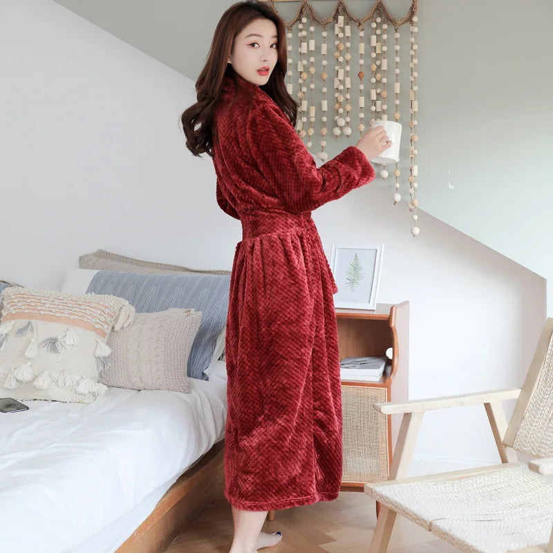 Side profile of comfortable loungewear robe showing deep pockets and long sleeves