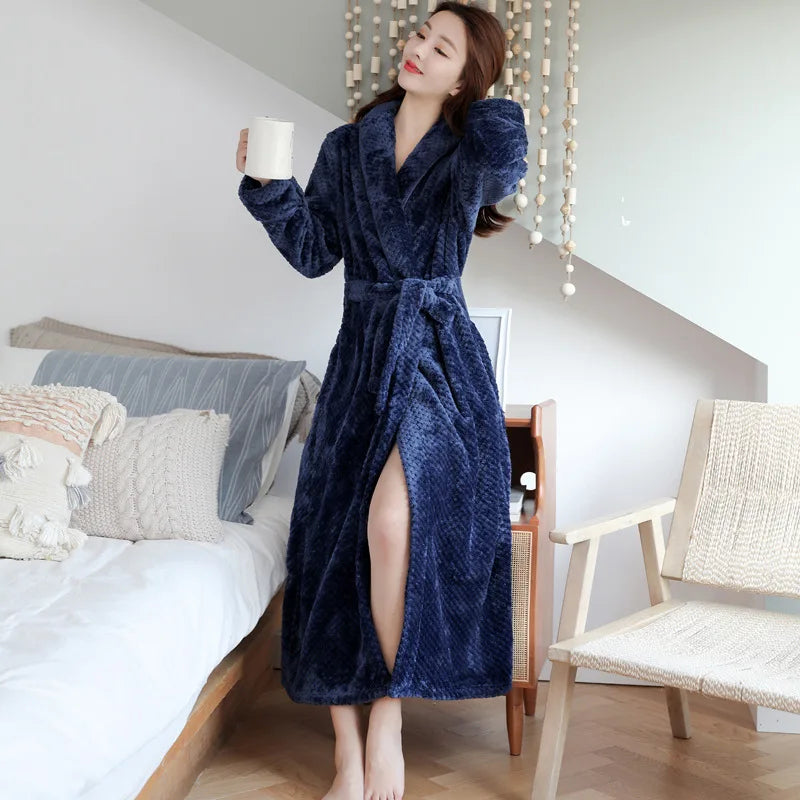 Back view of cozy long robe for women highlighting elegant drape and tie belt