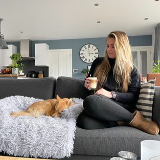 Light gray pet blanket bed on a living room rug next to a seated woman and small dog