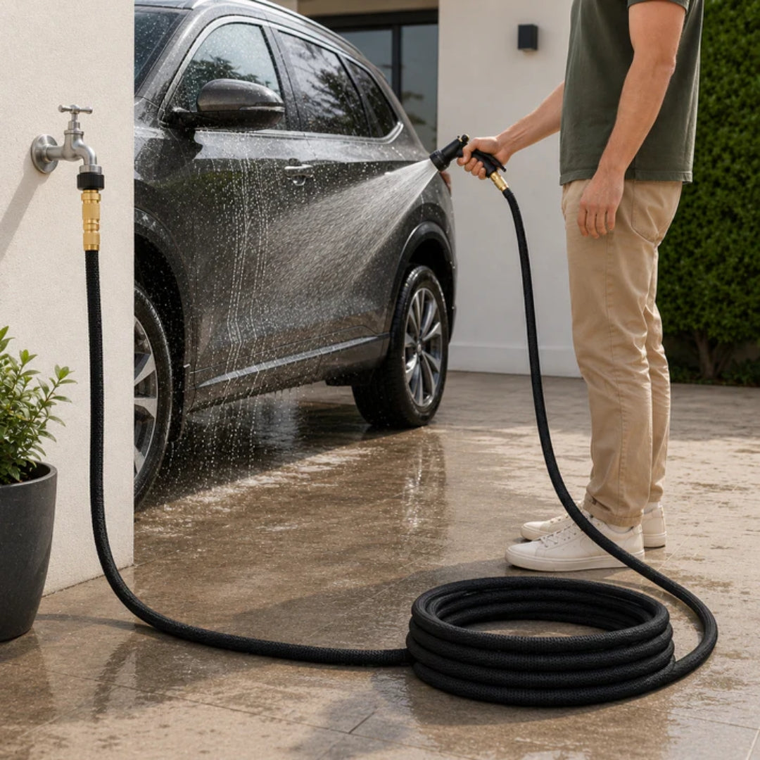 Man using the expandable garden hose to wash a car in the driveway