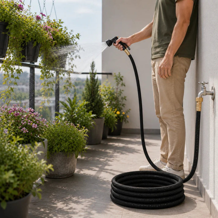 Flexible expandable garden hose for outdoor cleaning and car washing