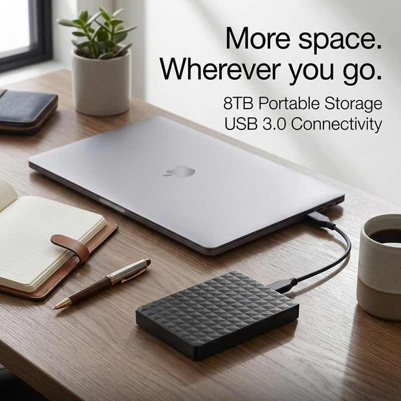 Portable external hard drive setup on a workspace with laptop and notebook