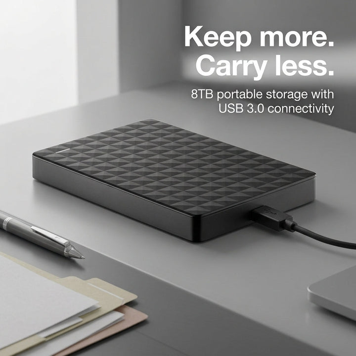 Side angle view of USB 3.0 backup drive showing slim profile