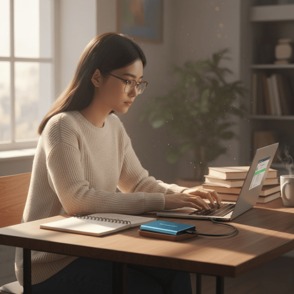 Woman working on a laptop at a wooden desk with a blue portable SSD connected